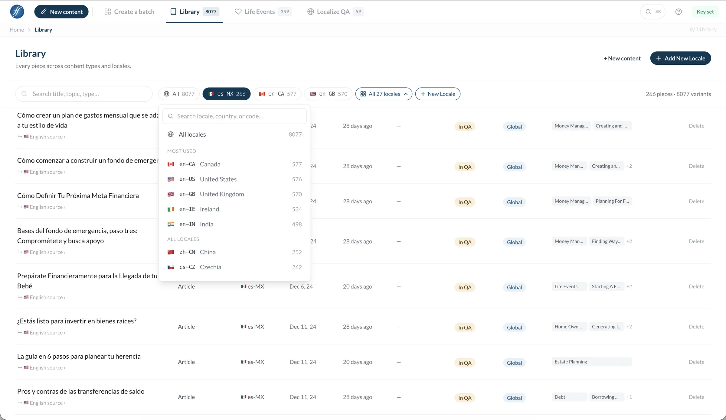 The content library — every piece across content types and locales, with status, audience filter, and localization queue